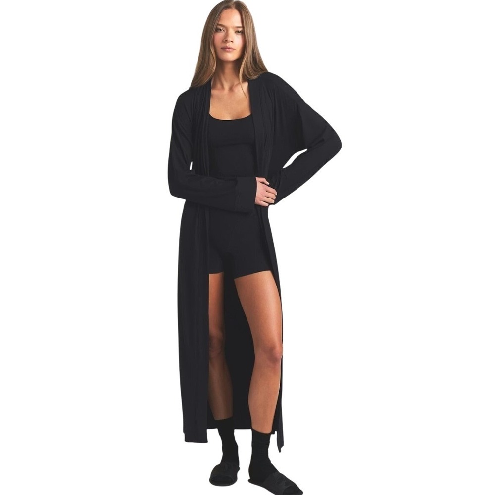 Skims Soft Lounge Long Robe Onyx Black Ribbed Knit Sleepwear RB-ROBE-5848W XS - Picture 3 of 7